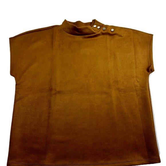 Ann Taylor Faux Suede Shoulder Button Mock Neck Short Sleeve Top | Size M Petite - Picture 2 of 9